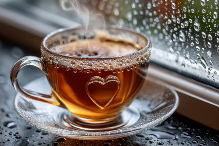 A close-up shot of a steaming cup of tea on a frosty window sill, under natural light, shot with a macro lens, with a surprise element of a heart-shaped tea stain on the windowの写真素材