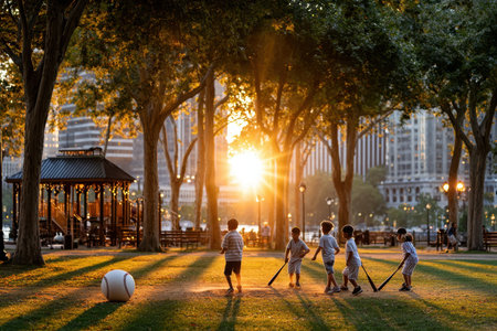 Six children are playing baseball in a park as the sun sets behind city buildings, creating a warm atmosphere.の写真素材