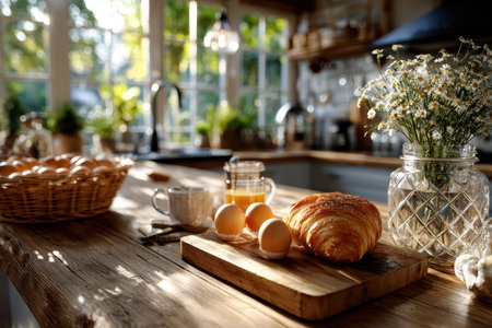 Croissant and eggs on a wooden table in a sunlit kitchenの写真素材
