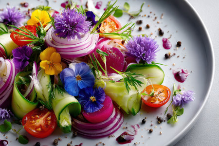 A colorful salad with fresh vegetables and edible flowers on a plateの写真素材