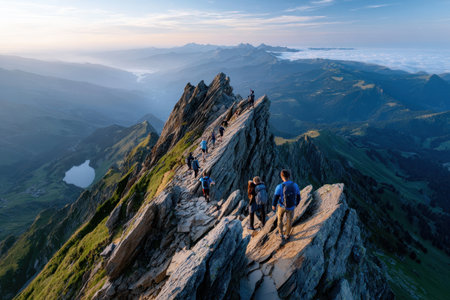 Hikers walk along a narrow mountain ridge at sunriseの写真素材