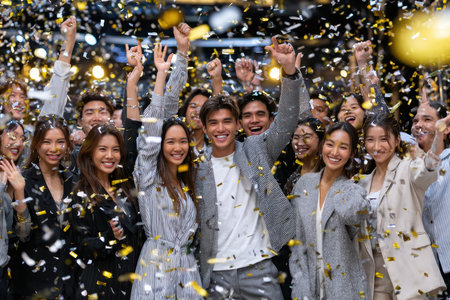 Group of friends joyfully celebrating together in a vibrant atmosphere filled with confetti and happiness.の写真素材