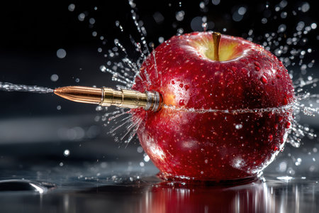 A bullet pierces a red apple, creating a splash of water dropletsの写真素材
