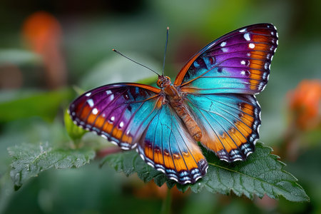 A colorful butterfly with open wings rests on a green leafの写真素材