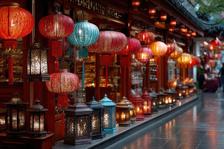 Colorful lanterns illuminate a traditional Chinese shop at nightの写真素材