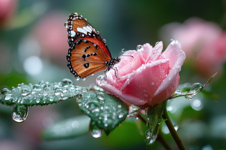 A butterfly rests on a pink rose covered in raindropsの写真素材