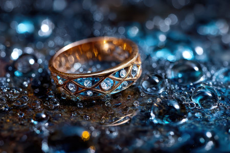 A gold and blue gemstone ring rests on a dark, wet surface covered in water dropletsの写真素材
