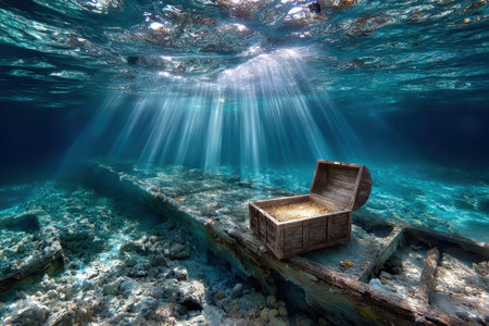 A surreal, underwater shot of a sunken ship, taken with a wide-angle lens, creating a sense of haunting beauty and forgotten history, with a single beam of sunlight illuminating a treasure chestの写真素材