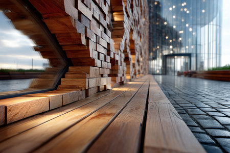 Empty wooden bench by a modern building with a cobblestone walkwayの写真素材