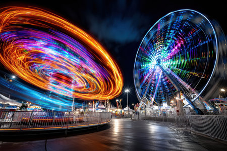 A long exposure photo of a brightly lit carnival at nightの写真素材