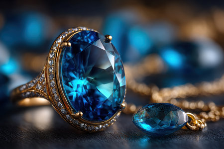 Gold ring and pendant with large blue gemstones on dark backgroundの写真素材