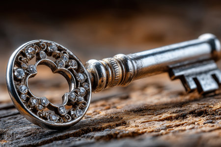 Closeup of an antique key adorned with diamonds on a wooden surfaceの写真素材