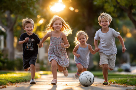 Four young children run down a sidewalk with a soccer ball at sunsetの写真素材