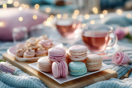 Macarons and tea on a plate and cozy blanket with fairy lightsの写真素材