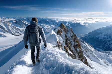 A hiker with a backpack walks along a snowy mountain ridgeの写真素材
