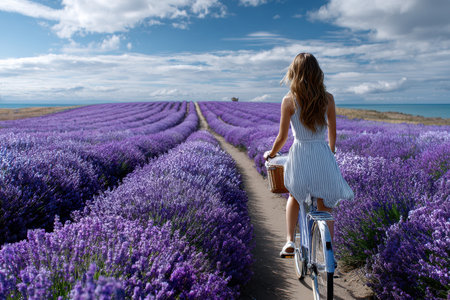 A woman in a white dress cycles along a path surrounded by lavender fields on a sunny day.の写真素材