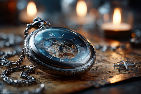 Intricate pocket watch displayed on aged parchment surrounded by warm candlelight, creating a nostalgic atmosphere.の写真素材