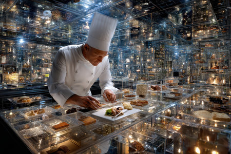 A skilled chef meticulously arranges a gourmet plate in a dazzling kitchen filled with reflections.の写真素材