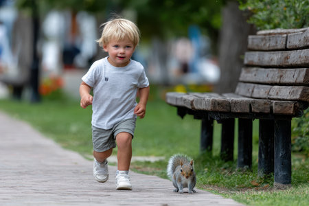 A cheerful toddler dashes along a pathway as a curious squirrel scampers nearby in the park.の写真素材