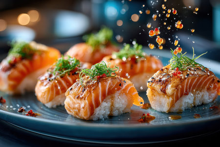 A plate of sushi, in a high-end Japanese restaurant, creating a luxurious mood, under soft, overhead lighting, shot with a tilt-shift lens, with a single grain of rice tumbling off a pieceの写真素材