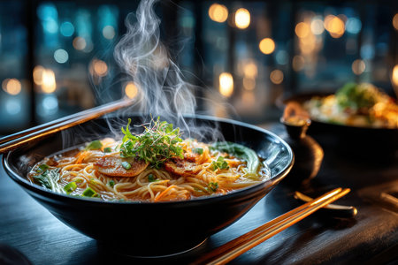 A steaming bowl of ramen on a restaurant table, under bright, cold light, shot with a 50mm lens, with a surprise element of a golden chopstick among the regular onesの写真素材