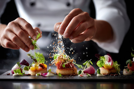 A chef skillfully garnishes a beautifully plated dish in a high-end dining establishment, focusing on presentation.の写真素材