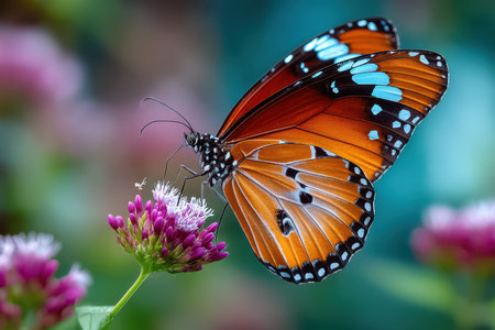 A colorful butterfly lands delicately on a blooming flower, showing its intricate patterns under sunlight.の写真素材