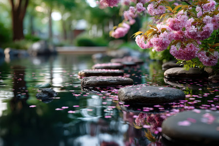Stepping stones with fallen pink petals in a pondの写真素材
