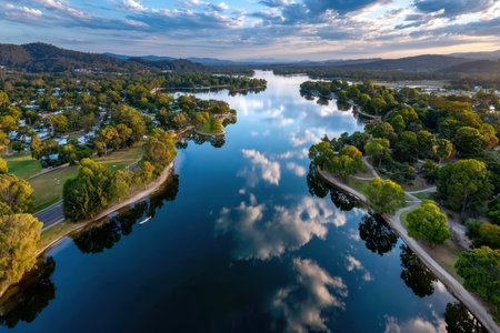 Aerial view of a river at sunset with clouds reflected in the still waterの写真素材