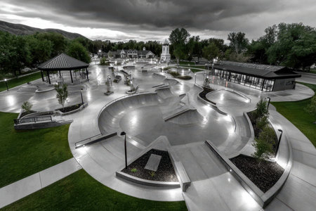 An empty, modern skate park with various ramps and bowls under a stormy skyの写真素材
