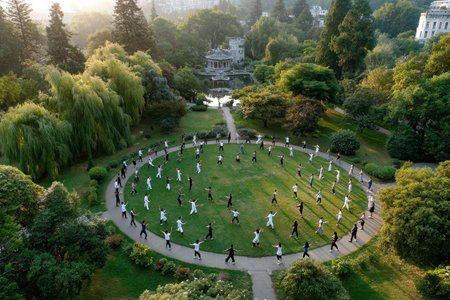 A group of people practicing tai chi in a park at sunrise, with a peaceful, harmonious mood, shot with a drone camera, showing the balance between mind and bodyの写真素材