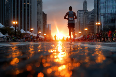 Marathon runners race through a city at sunriseの写真素材