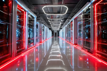 A brightly lit server room hallway with red and blue neon accentsの写真素材