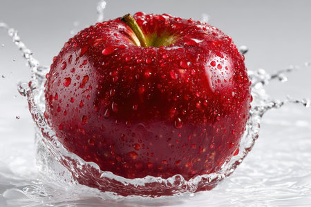 A red apple with water droplets splashing in waterの写真素材