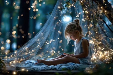 A young girl sits in a serene forest nook, reading as soft lights twinkle around her, creating a fairytale atmosphere.の写真素材