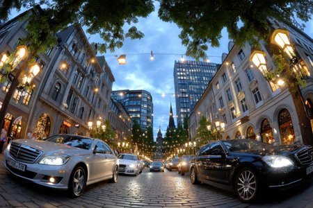 Cars parked and driving on a cobbled European street at duskの写真素材