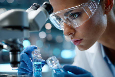 A scientist in a lab coat examines a vial of blue liquidの写真素材