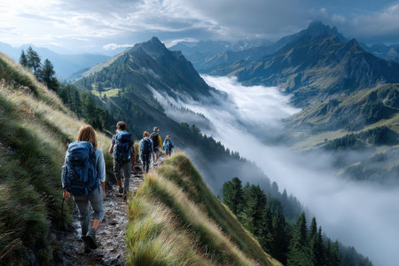 A group of hikers trek along a rugged mountain path, surrounded by mist and lush greenery in the early morning.の写真素材