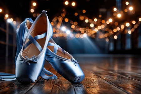 Blue ballet shoes rest elegantly on a wooden floor, softly lit by blurred background lights.の写真素材