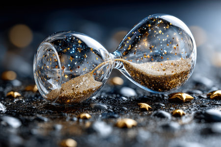 An hourglass filled with sparkling glitter stands on a dark, textured surface, capturing a moment of beauty.の写真素材