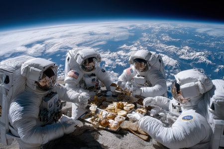 Four astronauts share a meal in space, surrounded by a breathtaking view of Earth's landscape and clouds.の写真素材