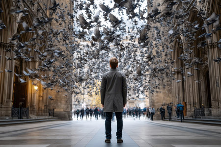 A person stands still in awe as flocks of pigeons fill the air in a bustling urban passageway during daytime.の写真素材