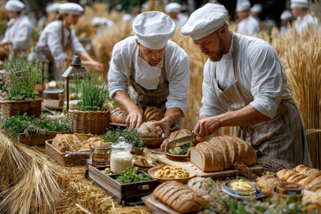 Chefs busily slice fresh bread and prepare meals in a picturesque outdoor market surrounded by wheat.の写真素材