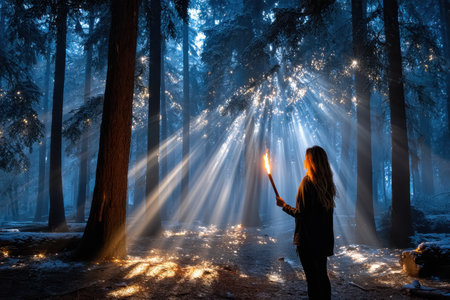 A person stands in a serene forest at twilight, holding a torch as golden rays of light filter through trees.の写真素材