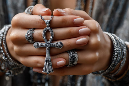 Beautiful hands showcase intricate silver rings and a prominent ankh pendant, radiating elegance.の写真素材