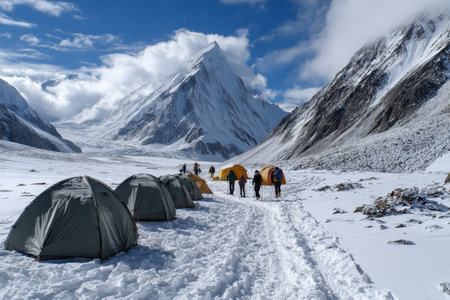 Groups of hikers navigate a snowy path lined with tents, surrounded by majestic Himalayan mountains.の写真素材