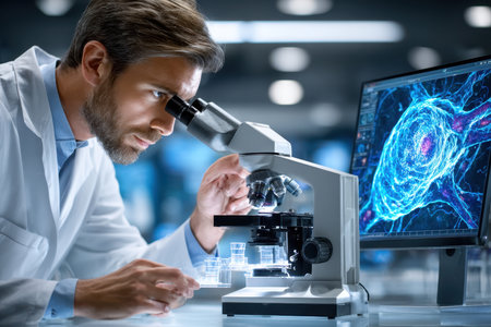 A scientist focuses intently on a microscope while analyzing cell samples in a high-tech lab.の写真素材