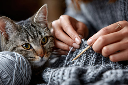 An intimate shot of a pair of hands knitting a sweater, conveying a homely feel, under warm indoor light, taken with a standard lens, as a cat playfully tugs at the yarn, ultrarealistic photo --ar 3:2 --raw --profile nk3i4wf --stylize 250 --v 7 Job ID: 8339f439-232e-424c-bc6a-d1ea6e9bcc08の写真素材