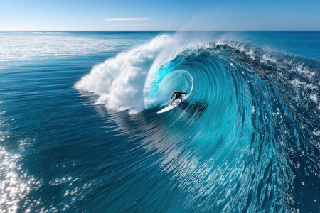A surfer rides a large wave in the oceanの写真素材