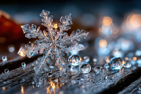 A close-up of a snowflake on a wooden surface, under natural, soft light, shot with a macro lens, the snowflake is perfectly symmetricalの写真素材